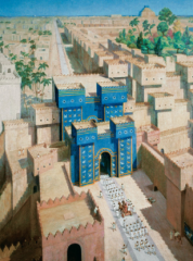 Mesopotamian art:  Neo-Babylonian
Persia
The palace of Nebuchadnezzer II, with its famous hanging gardens, can be seen just behind and to the right of the Ishtar Gate, west of the processional Way. the marduk looms in the far distance on the east...