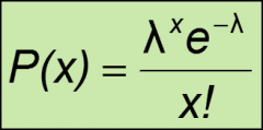 x = The number of occurrences of interest over the interval
	λ = The mean number of occurrences over the interval
	e = 2.71828
          P(x) = The probability of exactly x occurrences over the interval