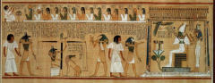 illustration from a Book of the Dead
nineteenth Dynasty, c. 1285 BCE
shows 3 successive stages in Hunefer's induction into the afterlife 
painted papyrus 