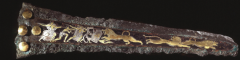 Aegean art:  Mycenaean
from Shaft Grave iv, Grave circle A, Mycenae, Greece
organic motion of the figures, thin wastes, similar to Minoan 
c. 1550-1500 BCE
Bronze inlaid with gold, silver, and niello