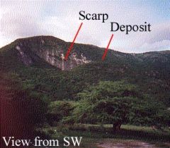 A scarp is a steep (nearly vertical) region of exposed soil and rock at the head of the landslide where the failure surface ruptures the ground surface.  