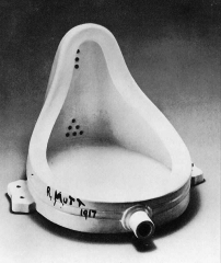Marcel Duchamp, The Fountain, 1917. Fountain by R. Mutt. Glazed sanitary china with black print.
Photo by Alfred Stieglitz inThe Blind Man, No. 2 (May 1917); original lost. © Philadelphia Museum of Art. The Louise and Walter Arensberg Collection...