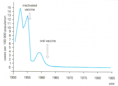 - 1955 - inactivated virus vaccine (Salk)
- 1962 - live attenuated virus vaccine (Sabin)
Now: <1 case / 100,000 people
