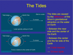 The tides are caused 
by the difference of the 
Moon’s gravitational 
attraction on the water 
on Earth 
• Between the near 
side and the center of 
the Earth 
• Between the center 
and the far side of the 
Earth 
→ 2 tidal maxi...