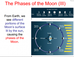 From Earth, we 
see different 
portions of the 
Moon’s surface 
lit by the sun, 
causing the 
phases of the 
Moon.