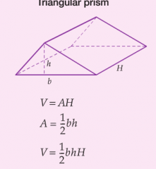 V= AH
A= 0.5bh
v= .5bhH

We used the lower case h for the height of the triangular-base, and the capital H for the height of the prism.