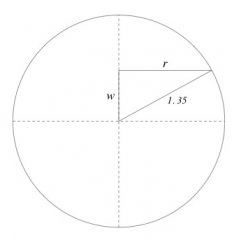 The intersection of the plane with the interior of the container is a disk of radius 1.35 inches. Its area is PI(1.35)² in². The intersection with the ball is a smaller disk that is contained in the firt disk. The radius r of the smaller disk is...