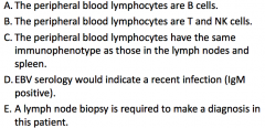 C - peripheral blood lymphocytes have the same immunophenotype as those in the lymph nodes and spleen

Reactive processes don't get above 10,000/µL, so you know this is neoplastic, therefore whatever is in lymph nodes and spleen should be the s...