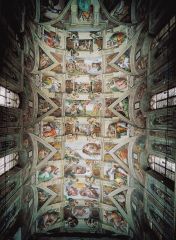 MICHELANGELO BUONARROTI, Ceiling of the Sistine Chapel, Vatican City, Rome, Italy, built 1473.
-painting it was made difficult by height and curve of vault