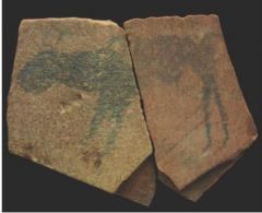 Formal Analysis: Apollo 11 Stones, Namibia / Paleolithic Africa, 25,500-25,300 BCE, stone and natural stain,  #1
 
Content: This piece is a religious or spiritual depiction of a four legged animal. Once this work was apart of a cave, but now they ...