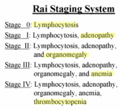Rai Staging System
- 0: lymphocytosis
- I: + adenopathy
- II: + organomegaly
- III: + anemia
- IV: + thrombocytopenia

The lower the stage the better the prognosis