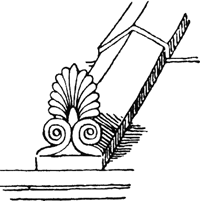 Upright element along a roof line which keeps the roof tiles in place; typical of mainland Greece