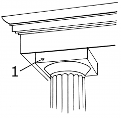A flat slab forming the uppermost member or division of the capital of a column, above the bell
