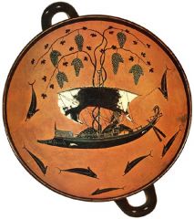 A round illustration found at the interior base of a kylix; a hidden narrative revealed when one has finished all their wine