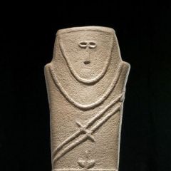 #6
Anthropomorphic Stele 
Arabian Peninsula
4th millennium B.C.E. 
_______________________
Content: Very stylized representation of a human figure, carved from stone. Has a make image and carries knives in sheaths across the chest and a knife tuck...