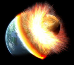 Giant Impact Hypothesis: A 5th planet struck Earth, fragments underwent accretion.