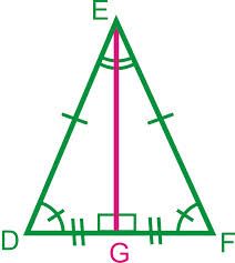1. BASE ANGLES are congruent.
2. the altitude (EG here) is the perp. bisector of the base.
3. The altitude ALSO bisects the vertex angle.