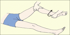 With patient supine, grasp heel and flex knee. 
Cup other hand over knee joint with fingers and thumb along medial and lateral joint line. 

From the heel, rotate lower leg internally and externally. Then push on lateral side to apply a valgus ...