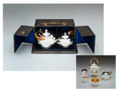 Traveling Tea set


 Gilt and silver-plated white metal, split bamboo, leather-covered wood with velvet and glazed cotton linings.