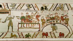 #59
Bayeux Tapestry: The First Meal
- Romanesque Europe/ (English or Norman)
- c. 1066-1080
 
Content:
- end of the tapestry
- figures eating a meal together