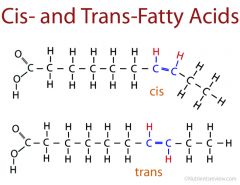 Cis have hydrogen atoms on the same side while trans have them on opposite sides.