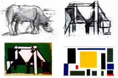 Art that has no reference at all to natural objects and that depict natural objects in simplified distorted, or exaggerated ways using shapes, forms, colors, and textures. 
 
Ex. Theo Van Doesburg - Abstraction of a Cow