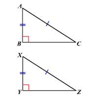 For right triangles only!
If the hypotenuse and leg of a right triangle are congruent to the hypotenuse and corresponding leg of another right triangle then they are congruent.