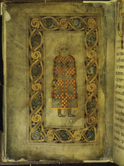 Man (symbol of Saint Matthew), folio 21 verso of the Book of Durrow, possibly from Iona, Scotland, ca. 660–680.
