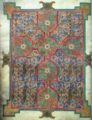 Cross and carpet page, folio 26 verso of the Lindisfarne Gospels, from Northumbria, England, ca. 698–721