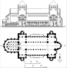 Longitudinal section (top) and plan (bottom) of the abbey church of Saint Michael’s, Hildesheim, Germany, 1001–1031.