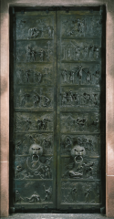 Doors of Hildesheim with relief panels (Genesis, left door; life of Christ, right door), commissioned by Bishop Bernward for Saint Michael’s, Hildesheim, Germany, 1015.