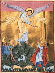 Annunciation to the Shepherds, folio in the Lectionary of Henry II, from Reichenau, Germany, 1002–1014.