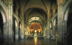 Interior of Sant’Ambrogio, Milan, Italy, late eleventh to early twelfth century.  

Tall arches
Groin Vaulting