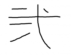 We use the Roman numeral ii here to stress that this kanji is an
older form of the kanji for two. Think of two arrows in a quiver,
standing up like the numeral ii.
