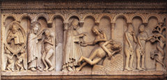 WILIGELMO, creation and temptation of Adam and Eve, frieze on the west facade, Modena Cathedral, Modena, Italy, ca. 1110