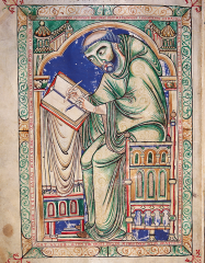 EADWINE THE SCRIBE(?), Eadwine the scribe at work, folio 283 verso of the Eadwine Psalter, ca. 1160–1170.