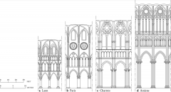 Nave elevations of four French Gothic cathedrals at the same scale (after Louis Grodecki): (a) Laon, (b) Paris, (c) Chartres, (d) Amiens.