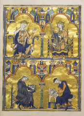 Blanche of Castile, Louis IX, and two monks, dedication page (folio 8 recto) of a moralized Bible, from Paris, France, 1226–1234.