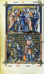 33  MASTER HONORÉ, David anointed by Samuel and battle of David and Goliath, folio 7 verso of the Breviary of Philippe le Bel, from Paris, France, 1296.