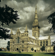Salisbury Cathedral, Salisbury, England, 1220–1258; west facade completed 1265; spire ca. 1320–1330.