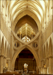 Interior of Salisbury Cathedral (view facing east), Salisbury, England, 1220–1258.  Note Strainer Arches