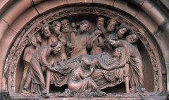 Death of the Virgin, tympanum of left doorway, south transept, Strasbourg Cathedral, Strasbourg, France, ca. 1230