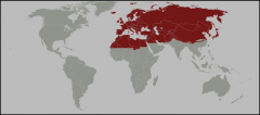 Europe, North Africa (to Sahara), Asia (except India, Pakistan and SE Asia) and Middle East.