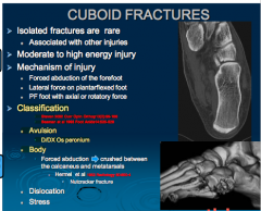 most common cause of injury is forced abduction of the foot 

NUTCRACKER FRACTURE--> forced abduction--- crushed between the calcaneus and metatarsals 
              -there will be a shorten lateral column--> now you have a flatfoot