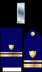 Lieutenant Junior Grade - LTJG
Collar Device: ZERO ONE silver bar.
Shoulder Insignia: ZERO ONE 1/2-inch gold stripe and ZERO ONE 1/4-inch gold stripe with a gold shield on a field of blue.
Lacing: Same as Shoulder Insignia.  