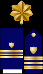 Lieutenant Commander - LCDR
Collar Device: ZERO ONE Gold Leaf
Shoulder Insignia: ZERO ONE 1/2 inch gold stripe, then a ZERO ONE 1/4 in gold stripe, followed by another ZERO ONE 1/2 inch gold stripe with a gold shield on a field of blue 
Lacing: S...