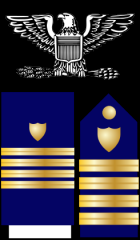 Captain - CAPT
Collar Device: ZERO ONE silver eagle
Shoulder Insignia: ZERO FOUR 1/2-inch gold stripes with a gold shield on a field of blue.
Lacing: Same as Shoulder Insignia