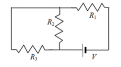 Consider the three resistors and the battery in the circuit shown.  Which resistors, if any, are connected in series? 
a)  R1 and R2
b)  R1 and R3
c)  R2 and R3
d)  R1 and R2 and R3
e)  No resistors are connected in series.