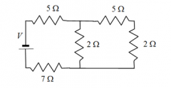 What is the approximate equivalent resistance of the five resistors shown in the circuit?
a)  21 Ω
b)  7 Ω
c)  11 Ω
d)  14 Ω
e)  19 Ω