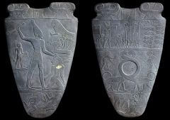 Formal Analysis: Palette of King Narmer, Predynastic Egypt, 3,000-2,920 BCE, carved stone slabs, #13
 
Content:
-The bigger figure on the left hand side is sacrificing or killing another smaller being
-figures on the bottom are running
-animals al...